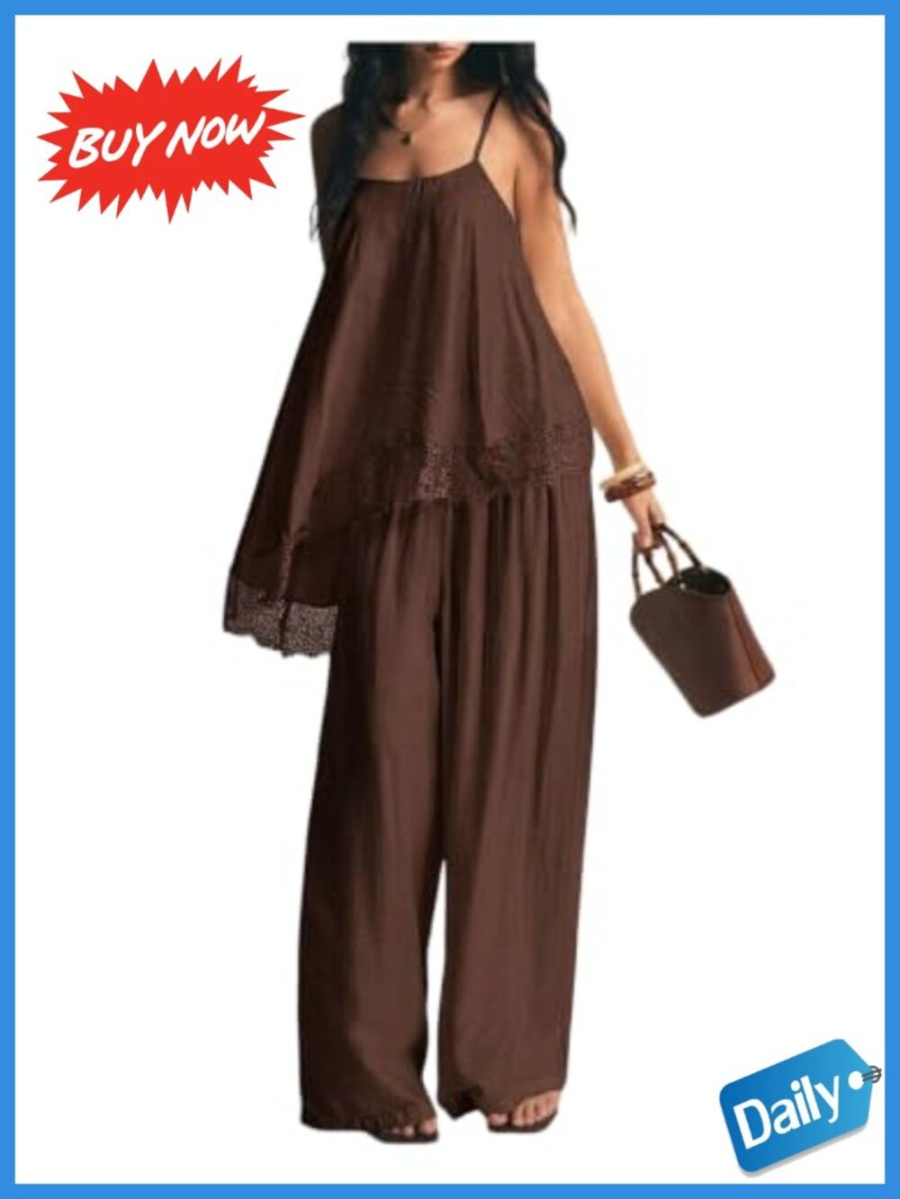Women's 2 Piece Lace Asymmetrical Cami Top & Wide Leg Pants Set